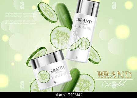 Cucumber cream collection Vector realistic. Moisturizer hydration cosmetics. Product packaging mockup. Detailed white bottles with label design. 3d te Stock Vector