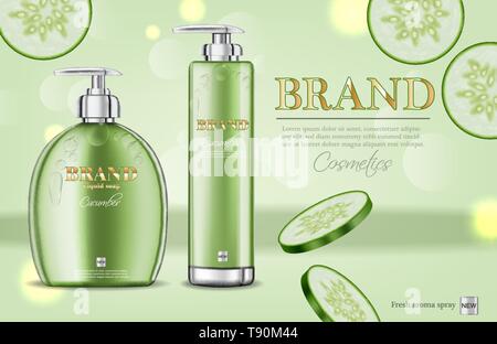 Cucumber soap and shampoo Vector realistic. Product packaging mockup cosmetics. Detailed white bottles with label design. 3d template illustration Stock Vector