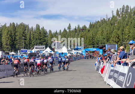 Amgen, Tour of California, SOUTH LAKE TAHOE, CA –May 13, 2019: Racers making their way to the Amgen, Tour of California 2019 race finish line in South Stock Photo