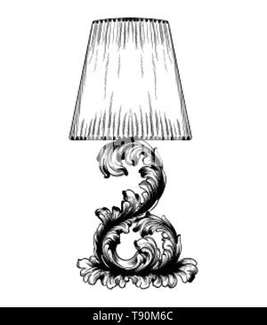 Vector baroque table lamp line art. Classic royal decor ornaments. Black and white Stock Vector