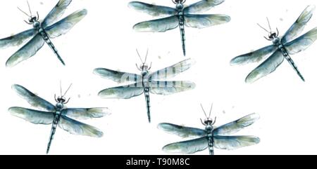 Dragon fly pattern Vector watercolor. Spring summer texture design Stock Vector