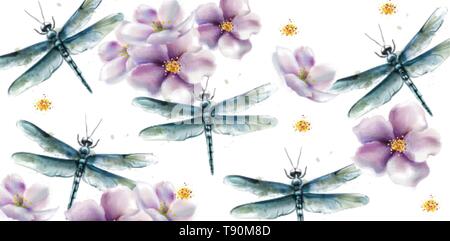 Dragon fly pattern Vector watercolor. Spring summer texture design Stock Vector