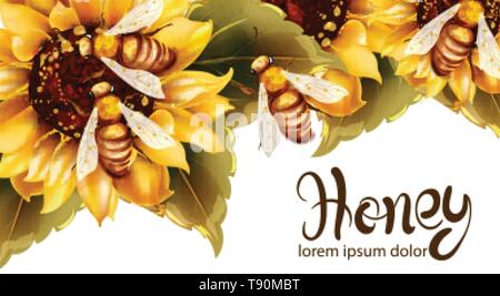 Bees making honey from sunflower Vector watercolor. Label template. Summer banner poster Stock Vector
