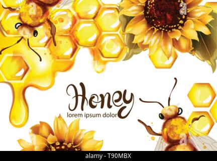 Honeycomb banner watercolor illustration. sunflower and bees Vector template Stock Vector