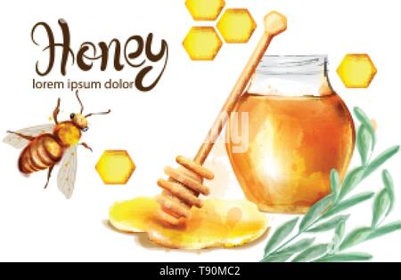 Honeycomb banner watercolor illustration. sunflower and bees Vector template Stock Vector