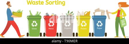 Waste sorting vector illustration with two people  Stock Vector