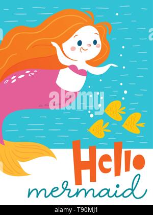 Vector birthday card with cartoon mermaid character and three litttle fish Stock Vector