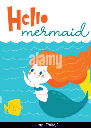 Vector birthday card with cartoon mermaid character Stock Vector