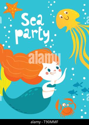 Vector cartoon summer poster with cute little mermaid Stock Vector