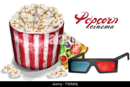 Popcorn and cinema glasses Vector watercolor. movie concept poster Stock Vector
