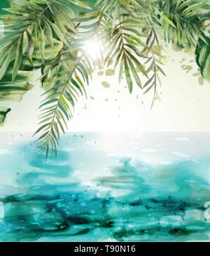 Blue seaside Summer tropic card Vector watercolor. Palm leaves and sunshine vintage design Stock Vector