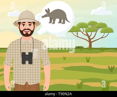 Happy man in cork hat, animal hunter thinks about aardvark, safari landscape, acacia umbrella, African countryside, vector illustration Stock Vector