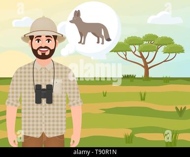 Happy man in cork hat, animal hunter thinks of African fox, landscape safari, acacia umbrella, African countryside, vector illustration Stock Vector