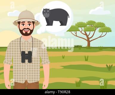 Happy man in cork hat, animal hunter thinks about hippo, landscape safari, acacia umbrella, African countryside, vector illustration Stock Vector