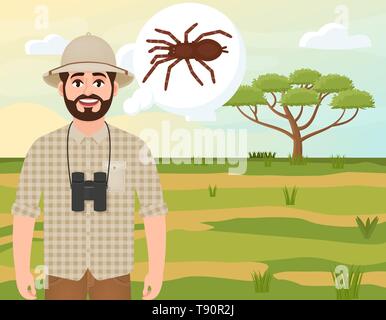 Happy man in cork hat, animal hunter thinks about spider, safari landscape, acacia umbrella, african countryside, vector illustration Stock Vector