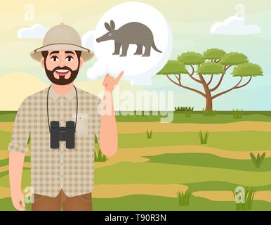 Happy man in cork hat, animal hunter thinks about aardvark, safari landscape, acacia umbrella, African countryside, vector illustration Stock Vector