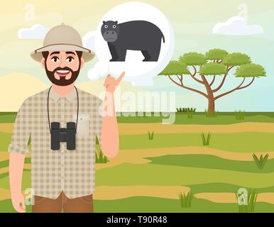 Happy man in cork hat, animal hunter thinks about hippo, landscape safari, acacia umbrella, African countryside, vector illustration Stock Vector