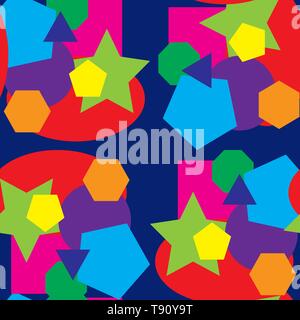Vector seamless pattern. Combination of colorful bright shapes. Different shapes geometric elements on a blue background. Full color rainbow spectrum  Stock Vector