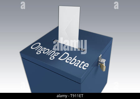 3D illustration of ONGOING DEBATE script on a ballot box, and an voting envelope been inserted into the ballot box, isolated over a pale blue gradient Stock Photo