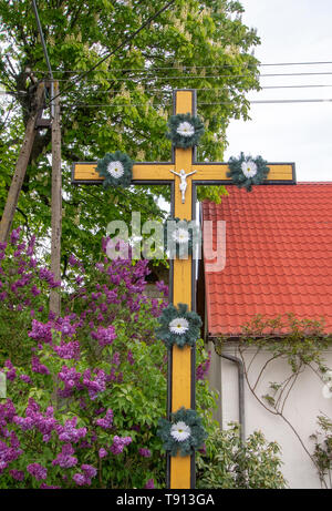 KIERZKOWO, POLAND; 15th MAY 2019: Wooden handmade signposts in the ...