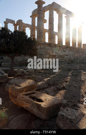The Poseidon Temple with an olive tree at Cape Sounion Stock Photo - Alamy