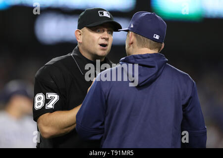 Los Angeles, CA, USA. 15th May, 2019. home umpire Scott Barry (87) argues with San Diego Padres manager Andy Green (14) during the game between the San Diego Padres and the Los Angeles Dodgers at Dodger Stadium in Los Angeles, CA. (Photo by Peter Joneleit) Credit: csm/Alamy Live News Stock Photo