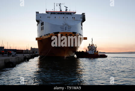 Palma, Spain. 16th May, 2019. The cargo ship 'Grande Europa' of the Italian company 'Grimaldi Lines' burned down yesterday near Mallorca when it was traveling from Sardinia to Valencia loaded with 1,843 cars. The crew was rescued and the ship was towed to the port of Palma without any incidents Credit: Clara Margais/dpa/Alamy Live News Stock Photo
