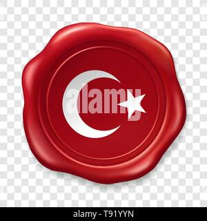 Turkish national flag with white star and moon. Glossy wax seal. Sealing wax old realistic stamp label on transparent background. Top view. Label Stock Vector