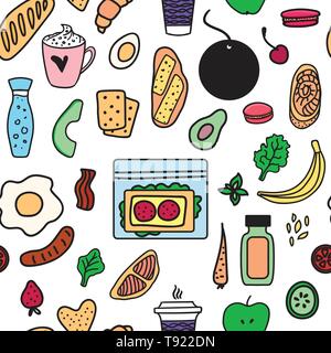 Breakfast hand drawn food. Seamless texture pattern. Vector illustration for decor menu design background. Food to go. Sandwich, juice, coffe and scra Stock Vector