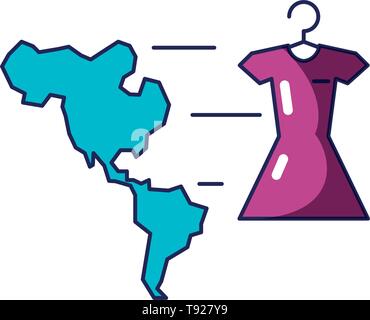 vest female hanging in clothespin with american continent map vector illustration design Stock Vector