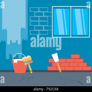 interior of house under construction with tools vector illustration ...