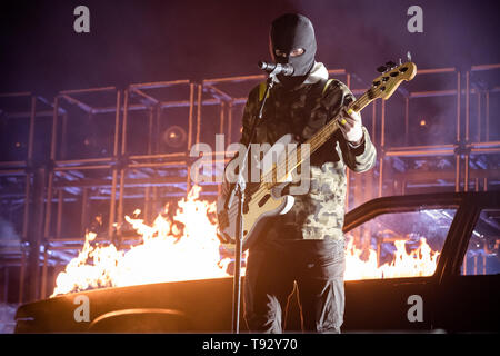 Singer Tyler Joseph of American music duo Twenty One Pilots during their 'Bandito Tour' performing at Rogers Arena in Vancouver, BC on May 12th 2019 Stock Photo