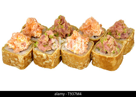 Sushi roll japanese food isolated on white background California sushi roll in omelet with tuna and salmon close-up