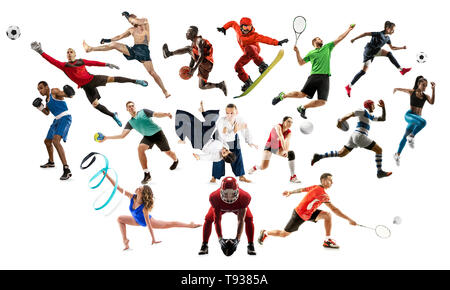 Sport collage. Tennis, running, badminton, soccer and american football, basketball, handball, volleyball, boxing, MMA fighter and rugby players. Fit women and men isolated on white background Stock Photo