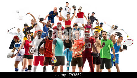 Sport collage. Tennis, running, badminton, soccer and american football, basketball, handball, volleyball, boxing, MMA fighter and rugby players. Fit women and men standing isolated on white background Stock Photo