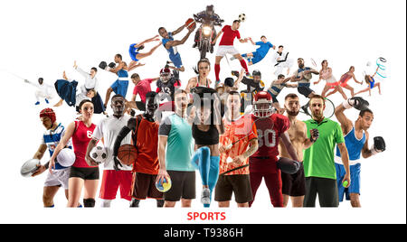 Sport collage. Tennis, running, badminton, soccer and american football, basketball, handball, volleyball, boxing, MMA fighter and rugby players. Fit women and men standing isolated on white background Stock Photo