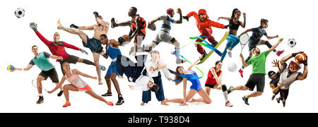 Sport collage. Tennis, running, badminton, soccer and american football, basketball, handball, volleyball, boxing, MMA fighter and rugby players. Fit women and men standing on white background Stock Photo