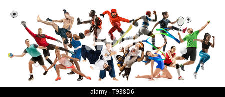 Sport collage. Tennis, running, badminton, soccer and american football, basketball, handball, volleyball, boxing, MMA fighter and rugby players. Fit women and men standing on white background Stock Photo