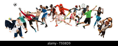 Sport collage. Tennis, running, badminton, soccer and american football, basketball, handball, volleyball, boxing, MMA fighter and rugby players. Fit women and men standing on white background Stock Photo