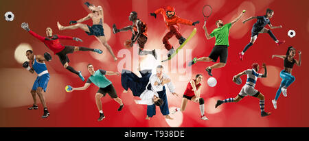Sport collage. Tennis, running, badminton, soccer and american football, basketball, handball, volleyball, boxing, MMA fighter and rugby players. Fit women and men standing on red background Stock Photo