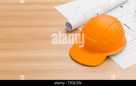 Plastic safety helmet and rolls of blueprints isolated on white ...