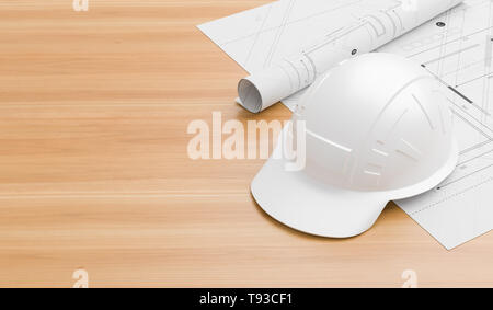 Plastic safety helmet and rolls of blueprints isolated on white ...