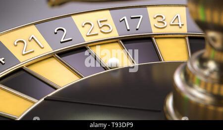 A closeup of a regular black roulette wheel with yellow and black markers and gold detail on an isolated background - 3D render Stock Photo