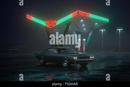 3D illustration of neon gas station and retro car. Fog rain and night. Colour reflections on asphalt Stock Photo