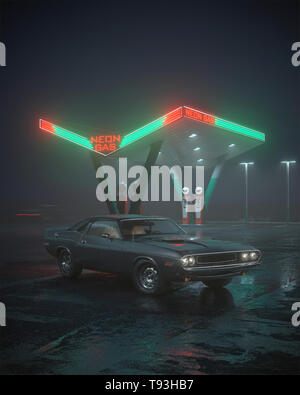 3D illustration of neon gas station and retro car. Fog rain and night. Colour reflections on asphalt Stock Photo