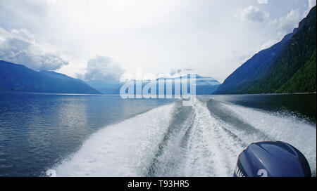 By boat on the lake, Altai Teletskoe lake Stock Photo