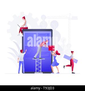 People are building a new business on the internet. Screen with a website. Ideas with teamwork, promotion of business online, the takeoff rating of th Stock Vector