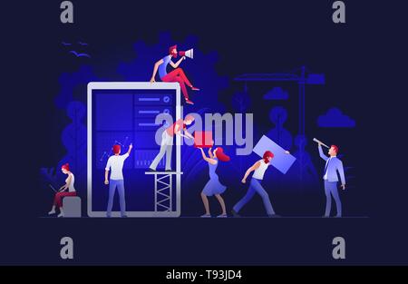 People are building a new business on the internet. Screen with a website. Ideas with teamwork, promotion of business online, the takeoff rating of th Stock Vector