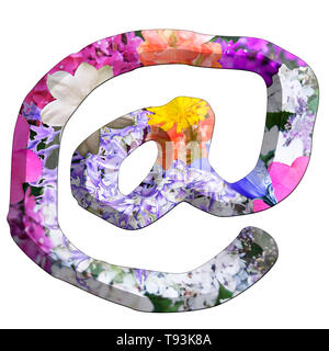 The At @ symbol Part of a set of letters, Numbers and symbols of 3D Alphabet made with colourful floral images on white background Stock Photo