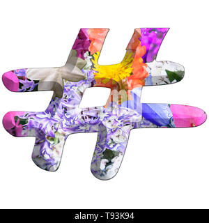 The hashtag # symbol Part of a set of letters, Numbers and symbols of 3D Alphabet made with colourful floral images on white background Stock Photo